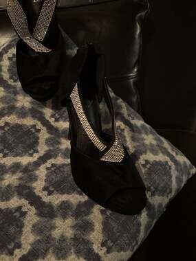 Second Luv Black Suede Open Toe Rhinestone Embellished High Heels
